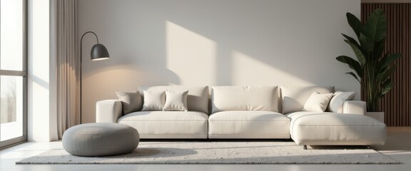 Stylish minimalist living room with fabric sofa and pouf in 3D rendering showcasing simplicity and elegance in modern home interiors"