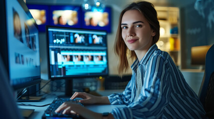 Woman editing video with a smile in a professional setup