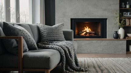 Fototapeta premium Grey sofa with woven blanket near fireplace.
