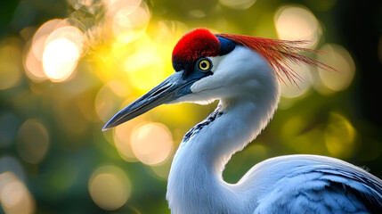Fototapeta premium A heron with vibrant plumage in soft lighting.