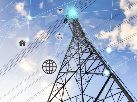 High voltage. high voltage pole and the view of the evening sky. High voltage electric pole and icon symbol of home electricity, signaling and EV car. Concept of electric power used around the world.