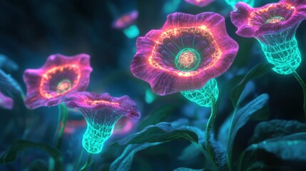 Obraz premium Bio-engineered flowers forming fractal-like patterns inside a cutting-edge facility, showcasing the fusion of nature, technology, and sustainability.