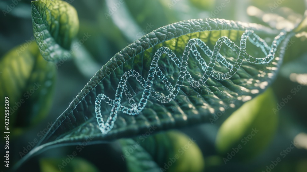 Aufkleber close-up of a futuristic leaf showcasing intricate dna-like structures within its cells, symbolizing