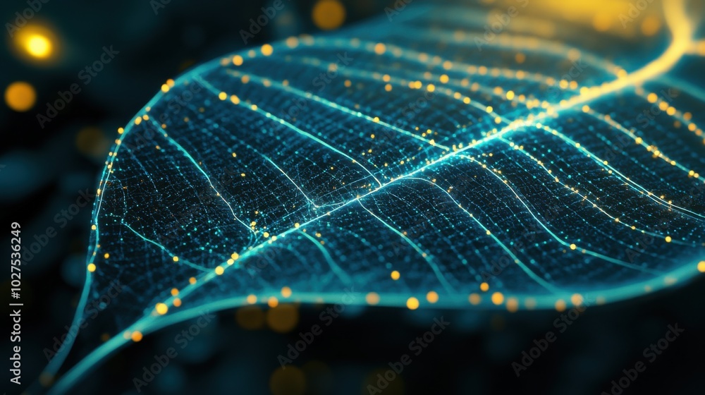Aufkleber close-up of a futuristic leaf with dna-like structures visible within its cells, genetically designe