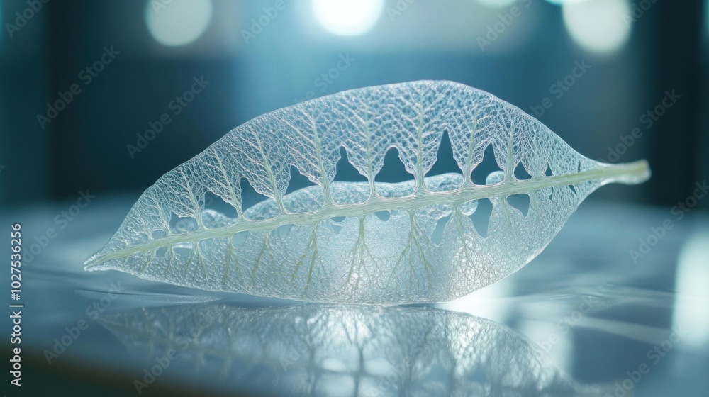 Aufkleber close-up of a futuristic leaf with dna-like structures visible within its cells, genetically designe