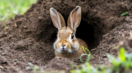 Obraz premium a rabbit peeking out from its burrow in the earth, representing shelter and safety in nature