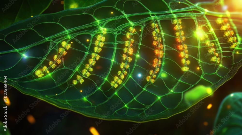 Poster detailed view of a bio-engineered leaf, revealing complex dna patterns inside its cells, optimized f