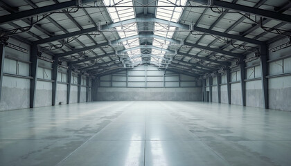 Expansive empty warehouse with high ceilings, polished floors, and bright overhead lighting. Suitable for logistics, storage, or industrial themes.