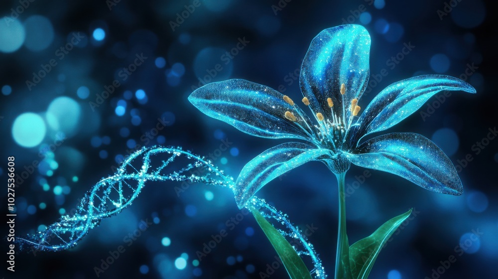 Aufkleber futuristic bio-engineered flower with visible dna helix patterns in its petals, optimized for rapid 