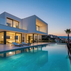 Fototapeta premium Exterior of modern minimalist cubic villa with swimming pool at sunset. Created with generative Ai