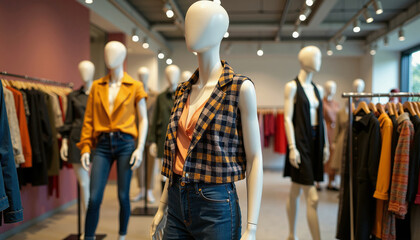 Variety of fashionable outfits displayed on mannequins in a boutique clothing store, showcasing trends and style. Suitable for fashion, retail, or merchandising themes.