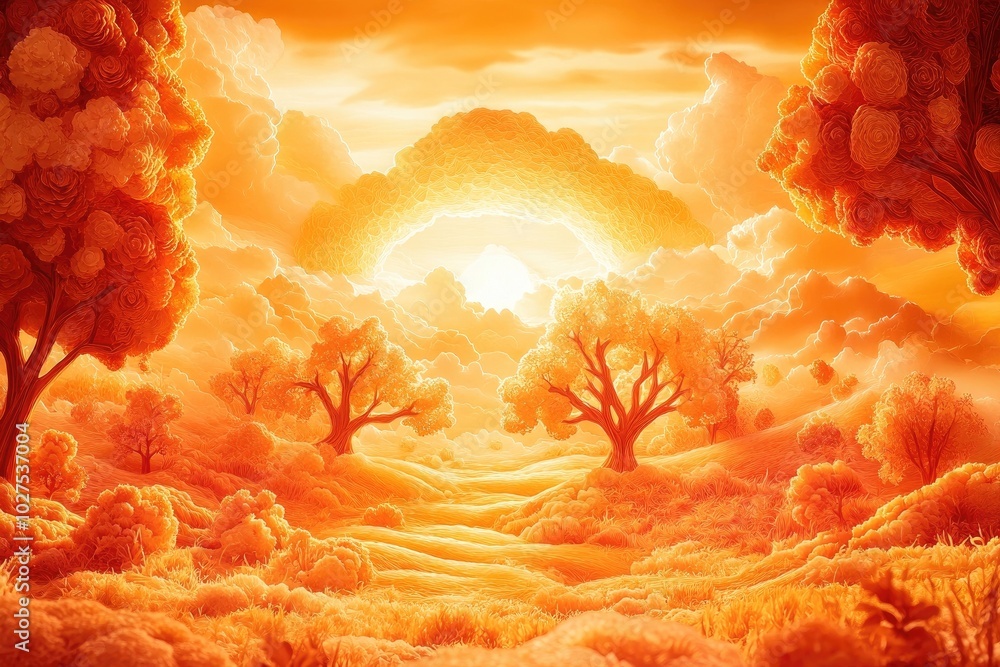 Poster Fog enveloping trees in the morning light, creating a backlit atmosphere during autumn in a serene moorland scene