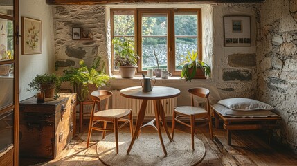 Cozy modern room featuring wooden furniture, a small round table and chairs, a wooden bed, and natural stone walls, with warm lighting and colorful decor, overlooking a rural landscape.