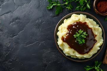 Mashed potatoes on a plate with dark slate background.