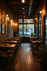 Fototapeta premium Cozy coffee shop interior with wooden tables, warm lighting, and a welcoming atmosphere. Ideal for hospitality, cafes, or social gathering themes.
