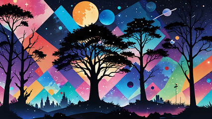 Abstraktion Bunte Collage Landschaft 16х9. Hintergrund für das Design 3.