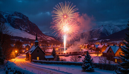 Fototapeta premium Fireworks illuminating a snowy village at night with mountainous backdrop