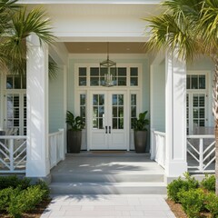 Main entrance door. White front door with porch. Exterior of georgian style home cottage house with columns.