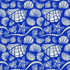 Azure blue white shell motif with linen seamless batik background, Modern coastal beach cottage rustic shell block print home decor pattern design in sealife beach style.