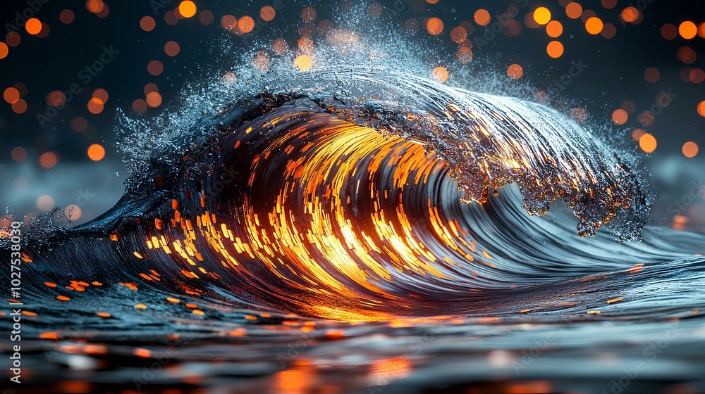 Wall mural abstract ocean wave with bright orange and blue highlights