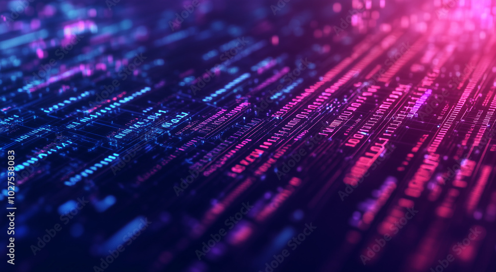 Poster a close-up of digital data flowing on the screen, with blue and purple lights creating an abstract b