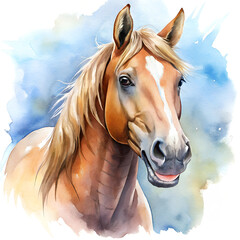 Watercolor hand drawn Horse smiling on white background