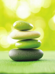 A serene stack of smooth, colorful stones symbolizing tranquility and balance on a vibrant green background.