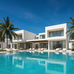 Fototapeta premium Exterior of amazing modern minimalist cubic villa with large swimming pool among palm trees. Created with generative Ai