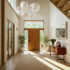 Wooden cabinet near window and staircase. Scandinavian interior design of modern entrance hall.
