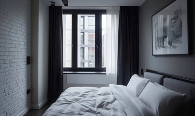 Interior of a cozy bedroom with a white canvas on the wall, warm colors.