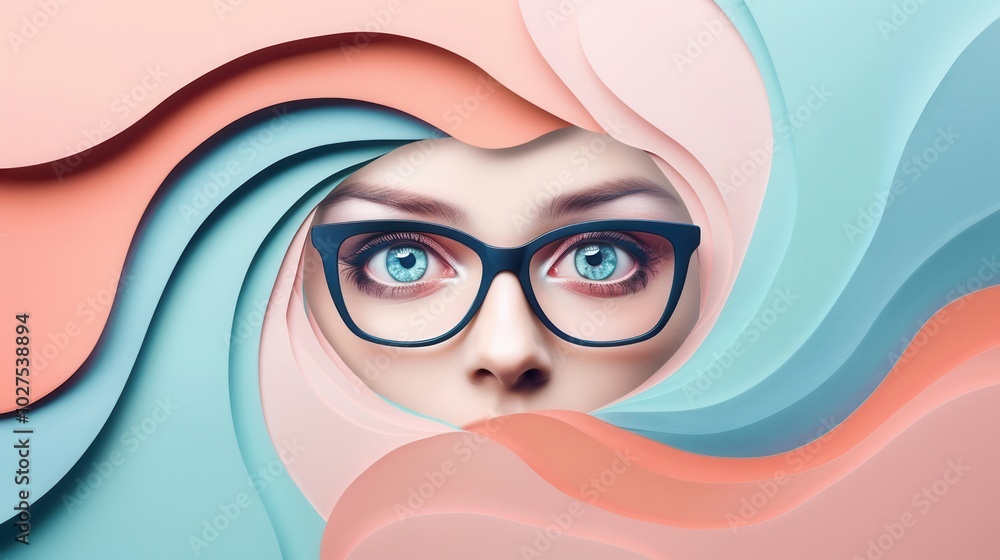 Aufkleber A striking pair of eyeglasses is highlighted against a colorful backdrop of swirling stylized eyes, creating a unique visual effect. Generative AI