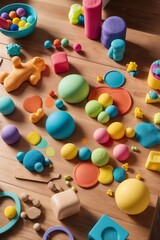 Montessori Play Area with Colorful Shapes and Toys on a Wooden Surface