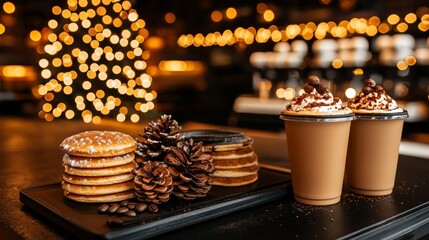 A cozy coffee shop offering Black Friday discounts on drinks and pastries, with holiday-themed decor and specials