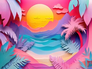 Fototapeta na wymiar Tropical Sunset, Stunning digital artwork, Tropical Sunset Beautiful Digital Illustration