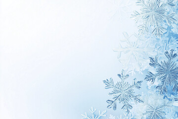 Obraz premium A light blue background with a delicate floral frame made of snowflakes, pine cones, and leaves in the corners, creating an atmosphere of winter wonderland.
