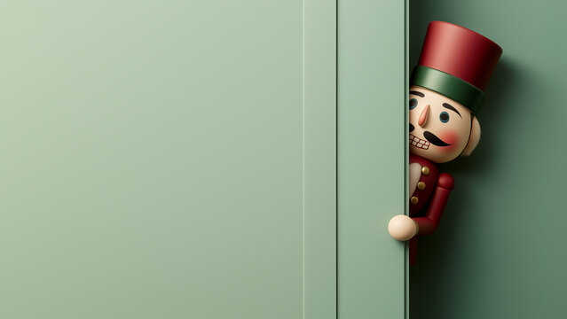 Nussknacker Figur im roten und gr&uuml;nen Outfit schaut um die Ecke vor gr&uuml;nem Hintergrund mit Platz f&uuml;r Text, minimalistisches, gr&uuml;nes Weihnachtsdesign oder Gru&szlig;karte