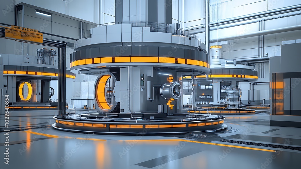 Poster a futuristic physics lab with digital simulations of high-energy particle collisions and their effec