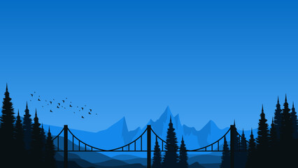 mountain flat design with bridge vector illustration good for poster template, web banner, blog banner, website background, tourism promo poster, adventure design backdrop and advertising