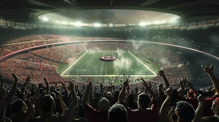 football field. with people cheering in stands. round podium in center, generative Ai 