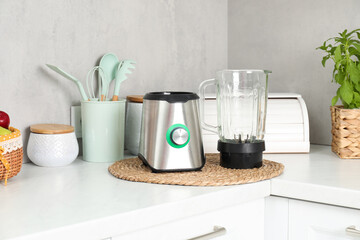 Blender kit on white marble countertop in kitchen