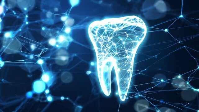 The illustration of a glowing tooth made up of interconnected lines and points, symbolizing innovations in dental health over blue digital backdrop