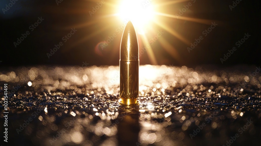 Poster a single bullet on a dark surface with light shining from above, symbolizing danger and precision