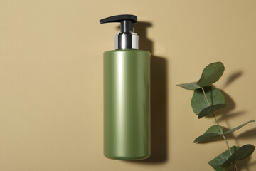 Bottle of shampoo and eucalyptus branch on beige background, flat lay