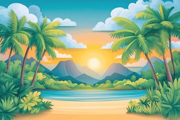 Scenic sandy beach lined with palm trees, Serene tropical beach with palm trees
