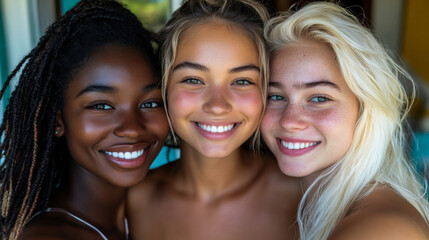 Fototapeta premium Three friends stand close together, smiling broadly against a backdrop of sunshine and greenery, capturing a moment of joy and friendship.