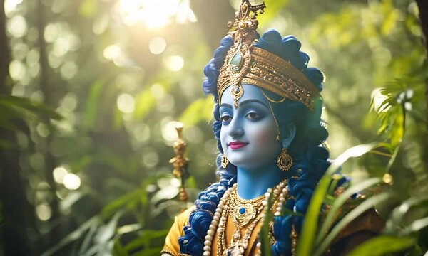 statue of lord krishna in the forest 