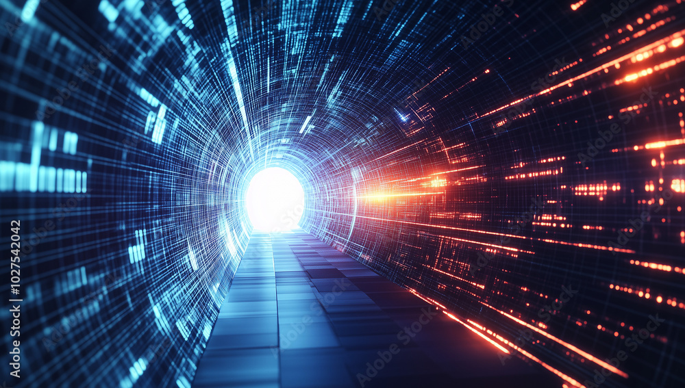 Poster a digital tunnel with glowing lights and flowing data, a futuristic background for technology or int