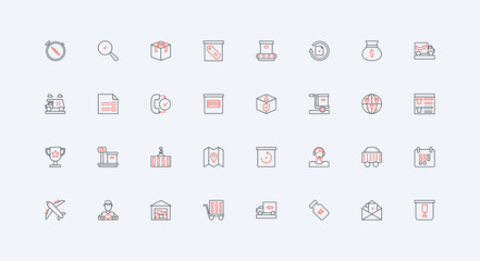 Delivery service, export and merchandise, storage of packages line icon set. International fast shipment and cargo, freight transport, location thin black and red outline symbols vector illustration