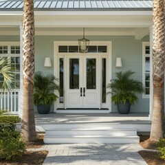 Main entrance door. White front door with porch. Exterior of georgian style home cottage house with columns.