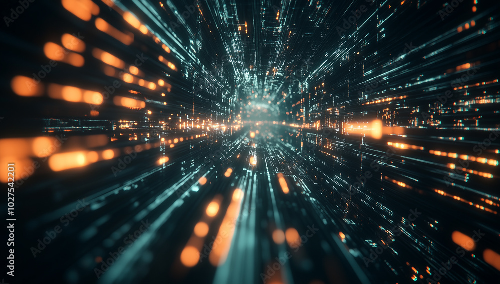Poster a digital tunnel with glowing lights and flowing data, a futuristic background for technology or int